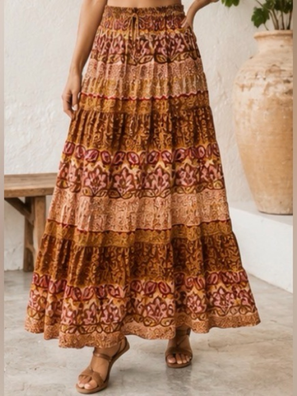 Vintage Bohemian Paisley Tiered Maxi Skirt Size L Made in India 100% Rayon - Picture 2 of 8